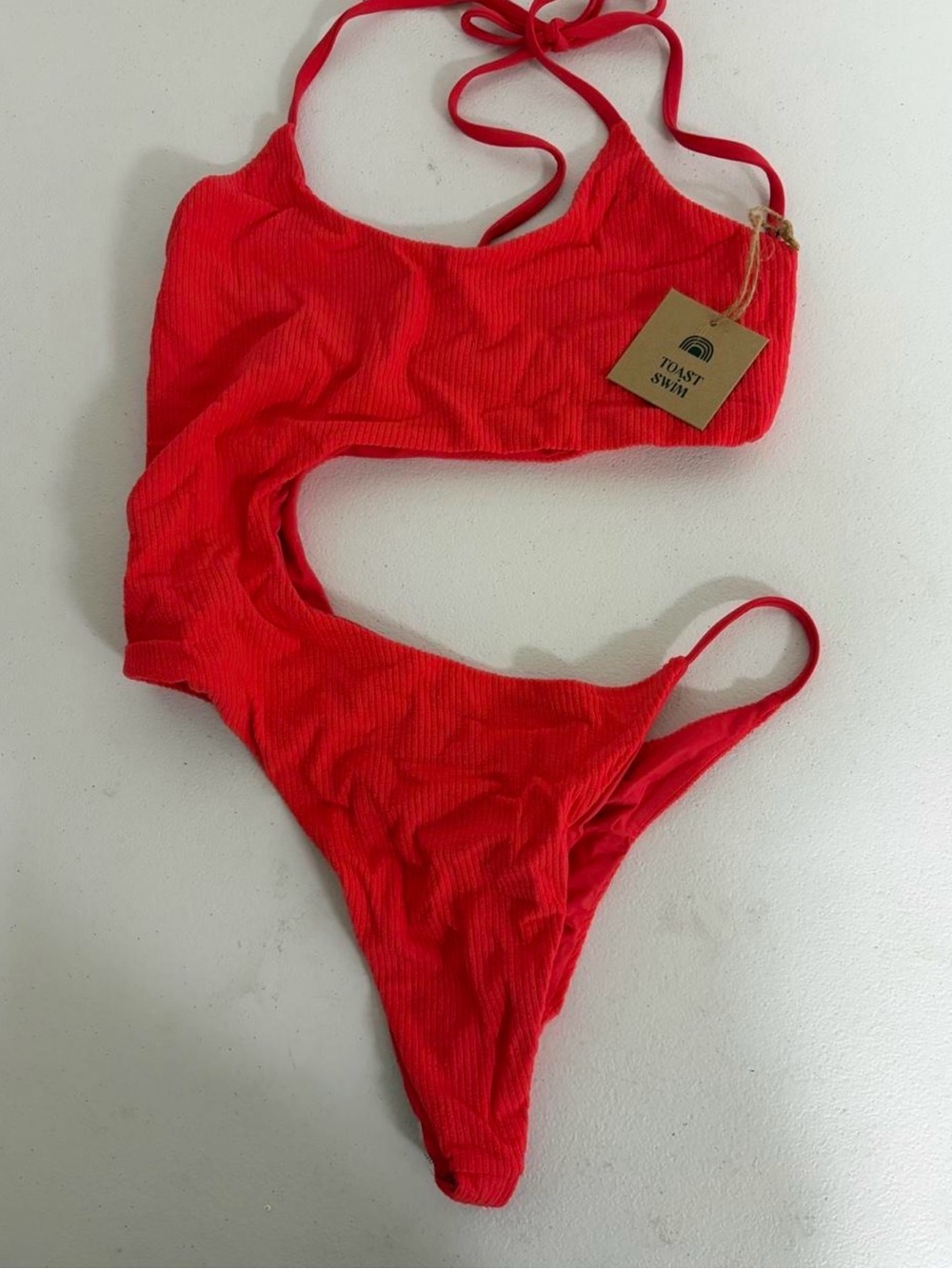 Toast Swim Red Ribbed Bandeau Cutout One-Piece